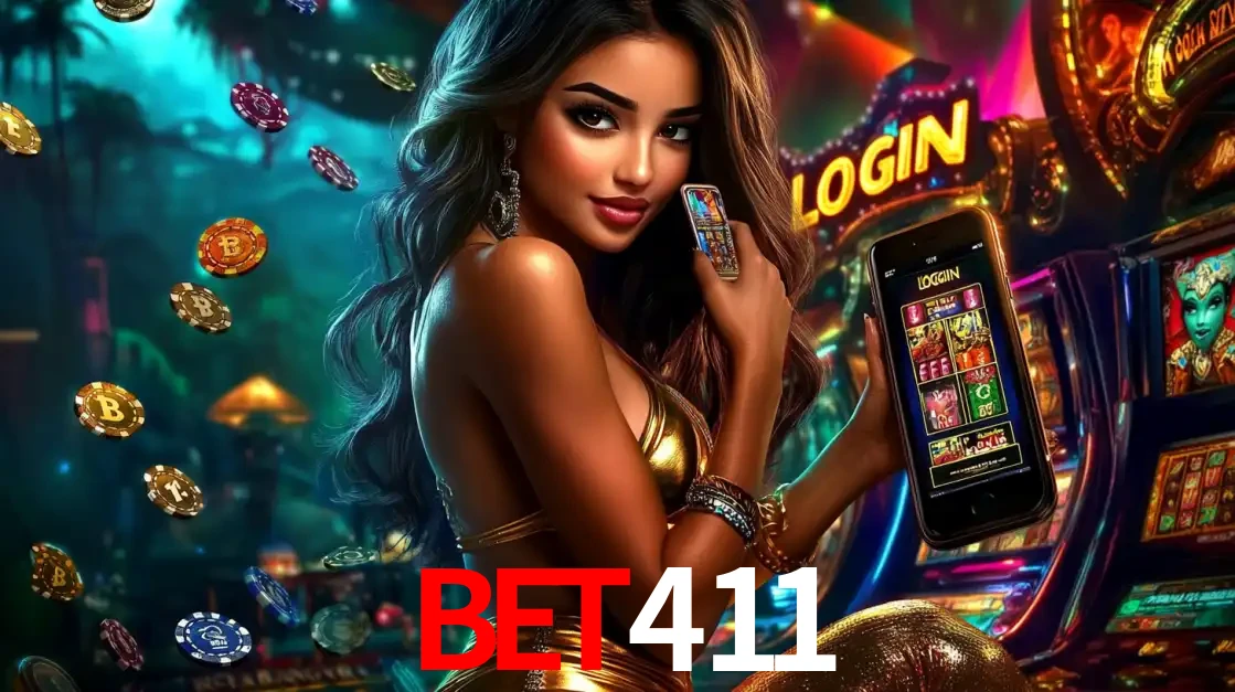 Mulher em um cenário de cassino temático de aventura, mostrando o app de caça-níqueis da BET411 no celular. Fichas de apostas flutuam ao redor.