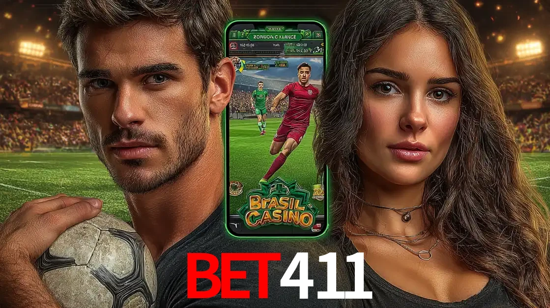 Homem segurando uma bola de futebol e uma mulher ao lado de um smartphone exibindo o jogo de apostas esportivas da BET411. Faça seu palpite no cassino online.